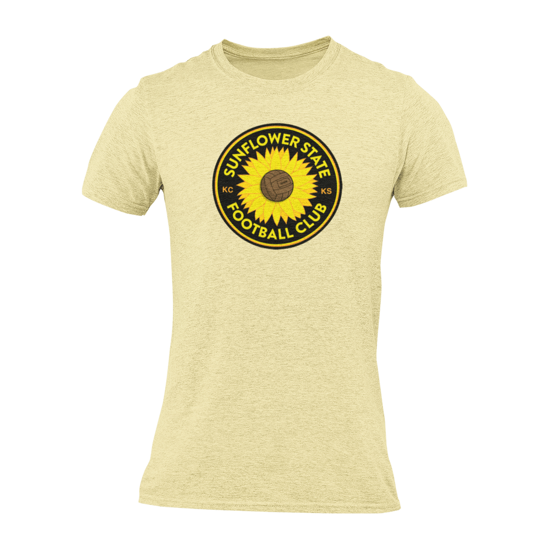 light yellow shirt with Sunflower State FC logo and badge on the front