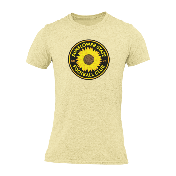light yellow shirt with Sunflower State FC logo and badge on the front