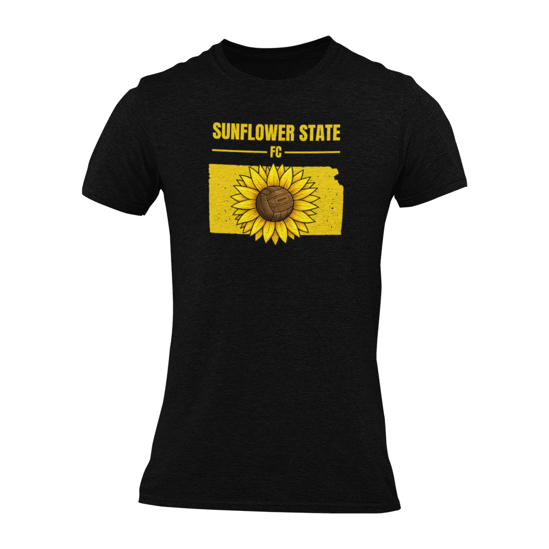 Black t-shirt with a sunflower graphic in front of the state of Kansas outline and 'Sunflower State FC' text above