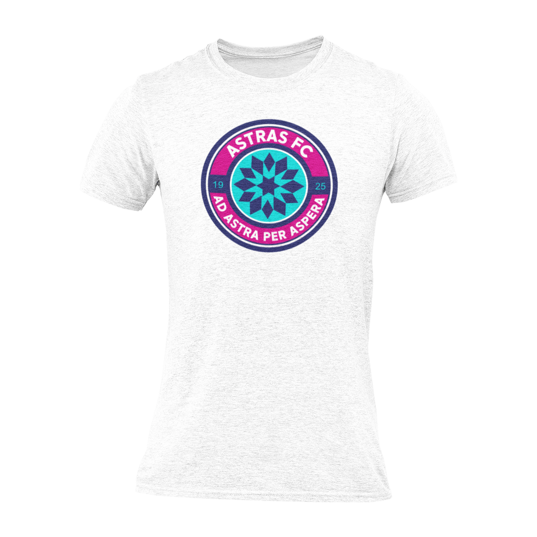A white short-sleeve crewneck t-shirt featuring a circular 'Astras FC' logo printed on the chest.