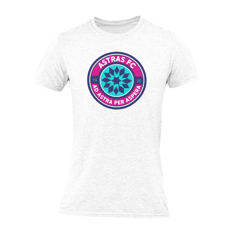 A white short-sleeve crewneck t-shirt featuring a circular 'Astras FC' logo printed on the chest.