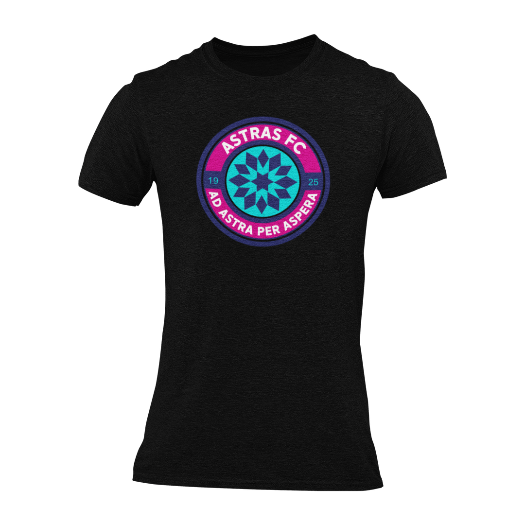 A black short-sleeve crewneck t-shirt featuring a circular &