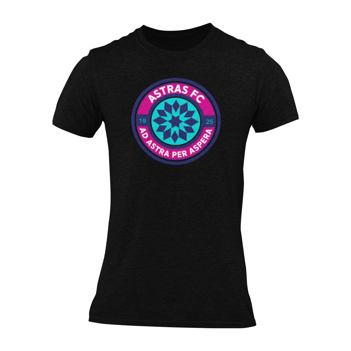 A black short-sleeve crewneck t-shirt featuring a circular 'Astras FC' logo printed on the chest.