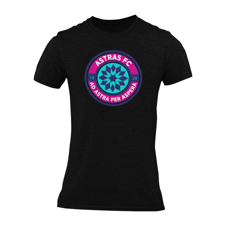 A black short-sleeve crewneck t-shirt featuring a circular 'Astras FC' logo printed on the chest.