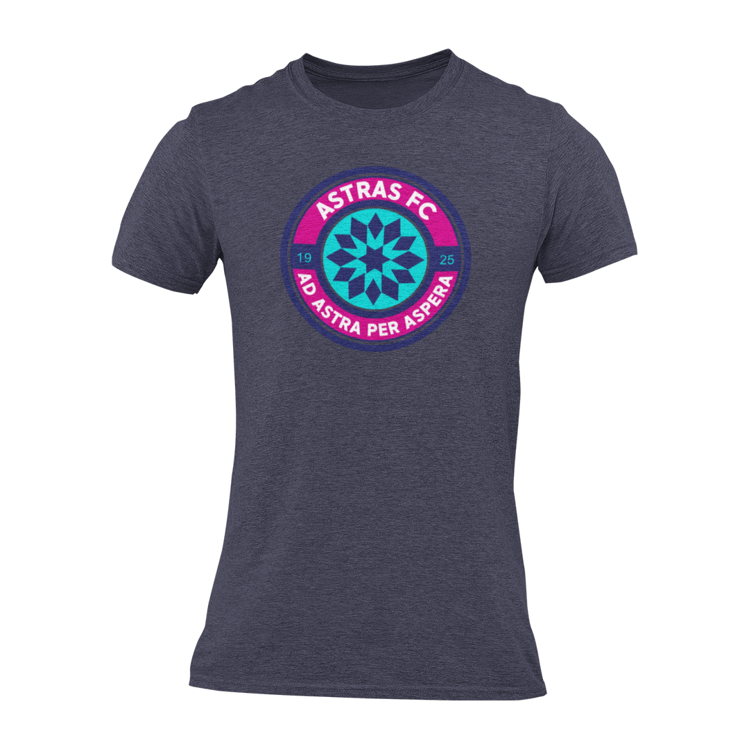 A midnight navy short-sleeve crewneck t-shirt featuring a circular &