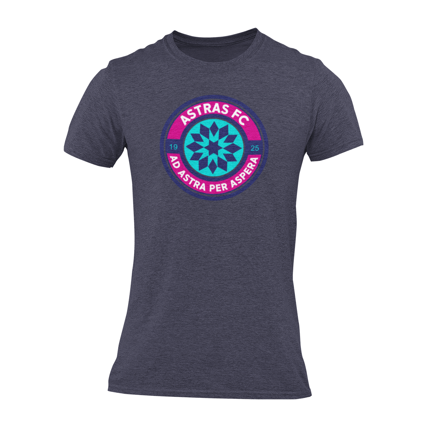 A midnight navy short-sleeve crewneck t-shirt featuring a circular 'Astras FC' logo printed on the chest.