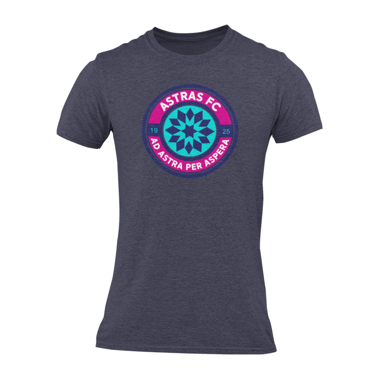 A midnight navy short-sleeve crewneck t-shirt featuring a circular 'Astras FC' logo printed on the chest.
