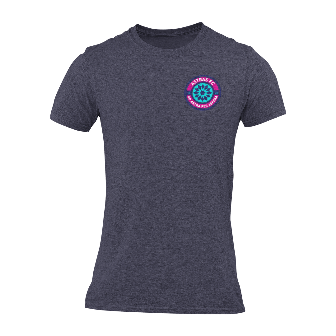 A midnight navy short-sleeve crewneck t-shirt with a circular "Astras FC" badge printed on the left chest.