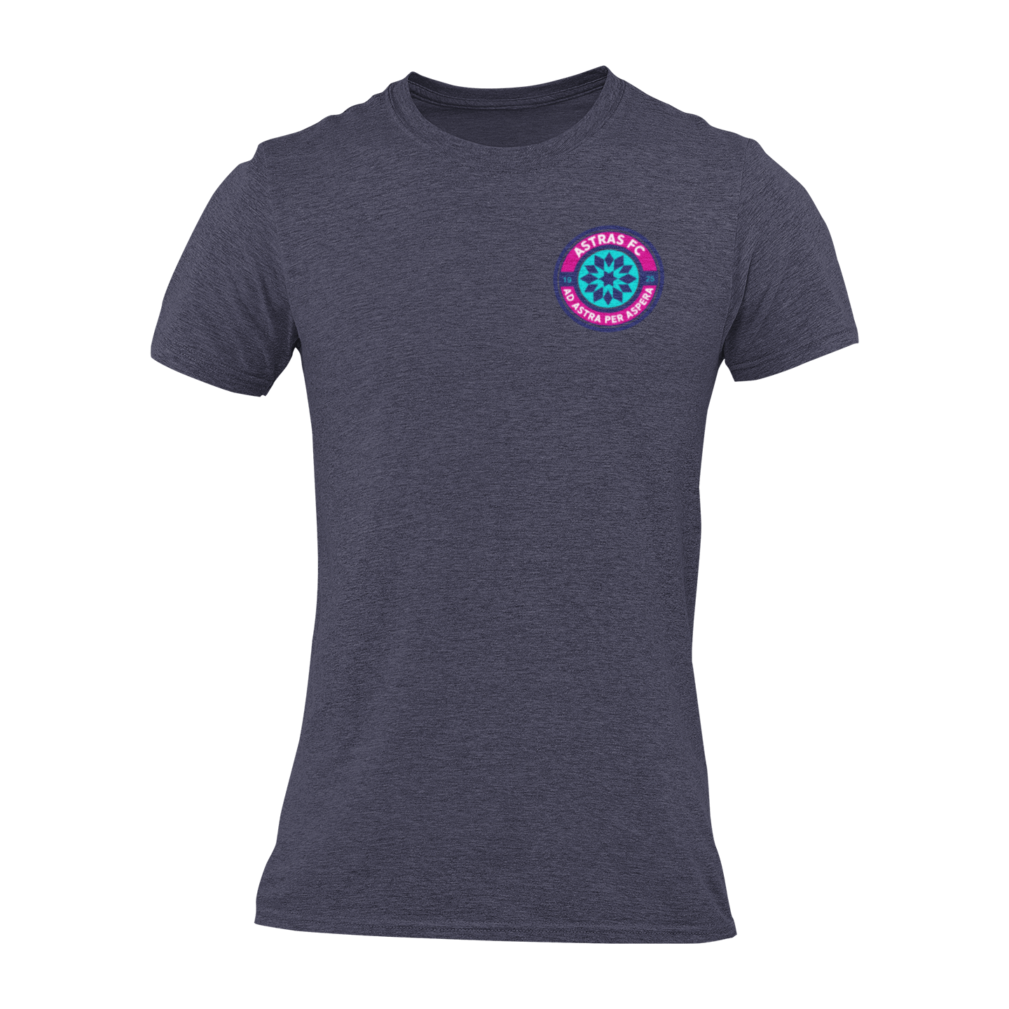 A midnight navy short-sleeve crewneck t-shirt with a circular "Astras FC" badge printed on the left chest.