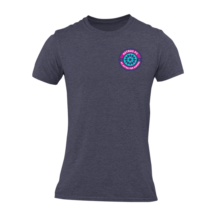 A midnight navy short-sleeve crewneck t-shirt with a circular "Astras FC" badge printed on the left chest.