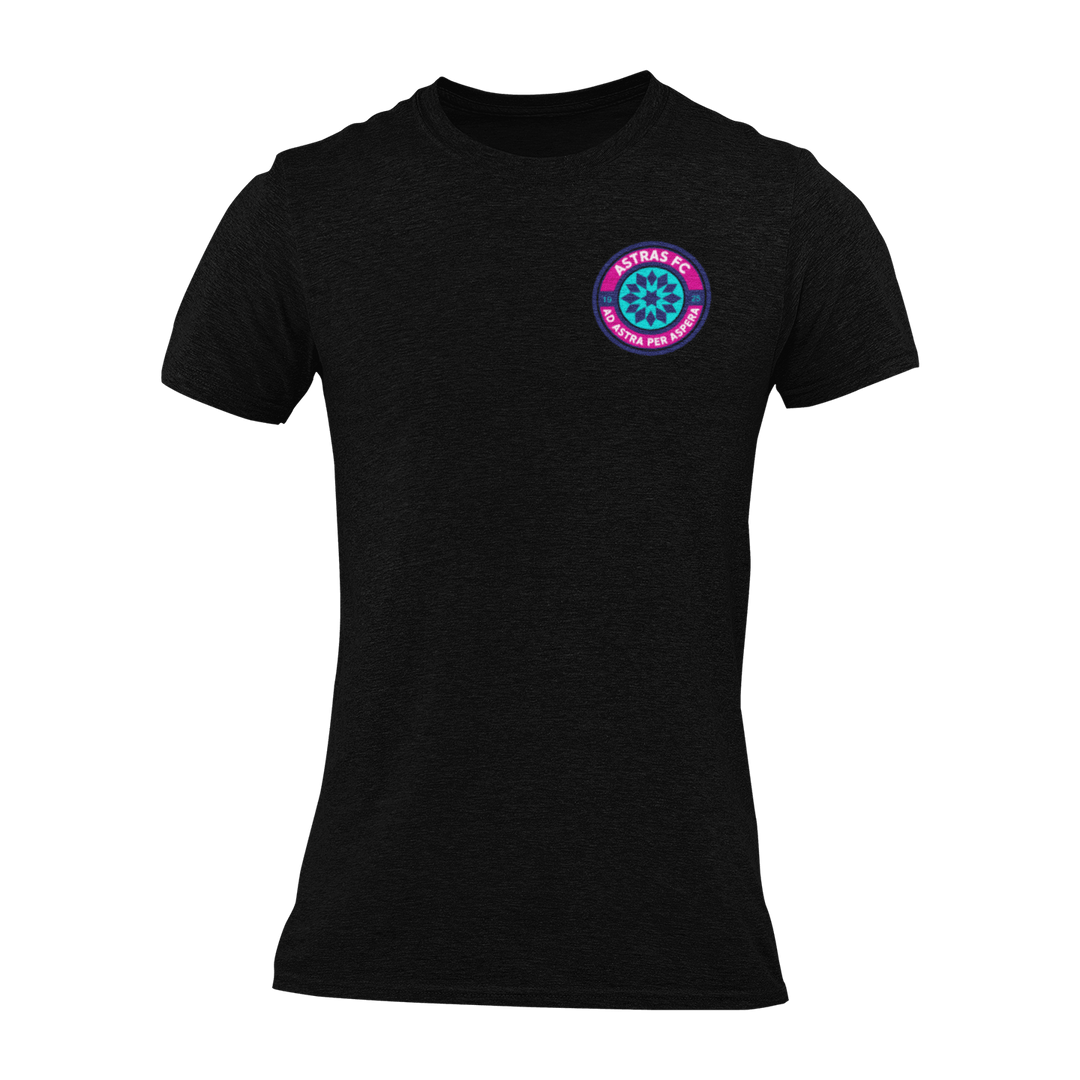 A black short-sleeve crewneck t-shirt with a circular "Astras FC" badge printed on the left chest.