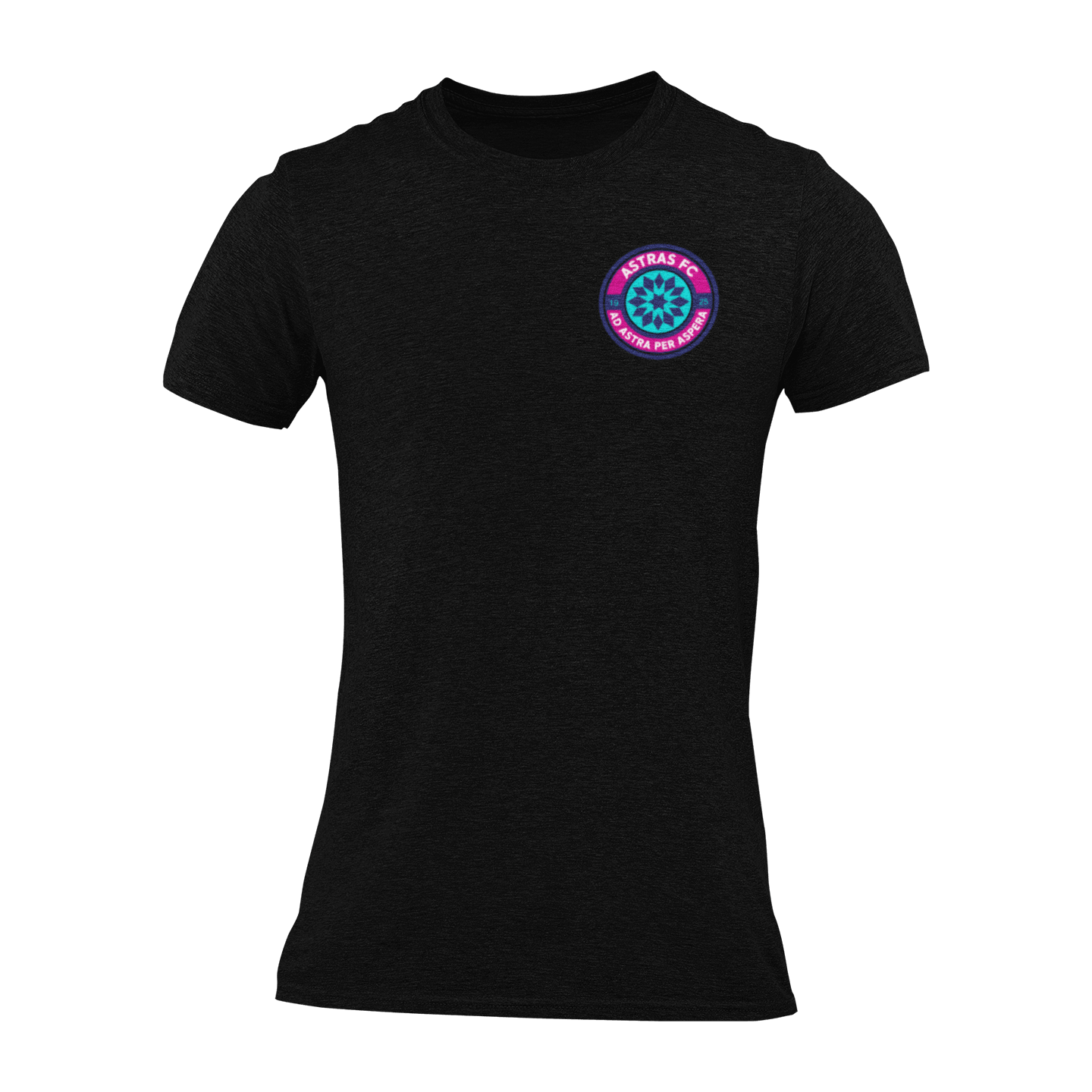 A black short-sleeve crewneck t-shirt with a circular "Astras FC" badge printed on the left chest.