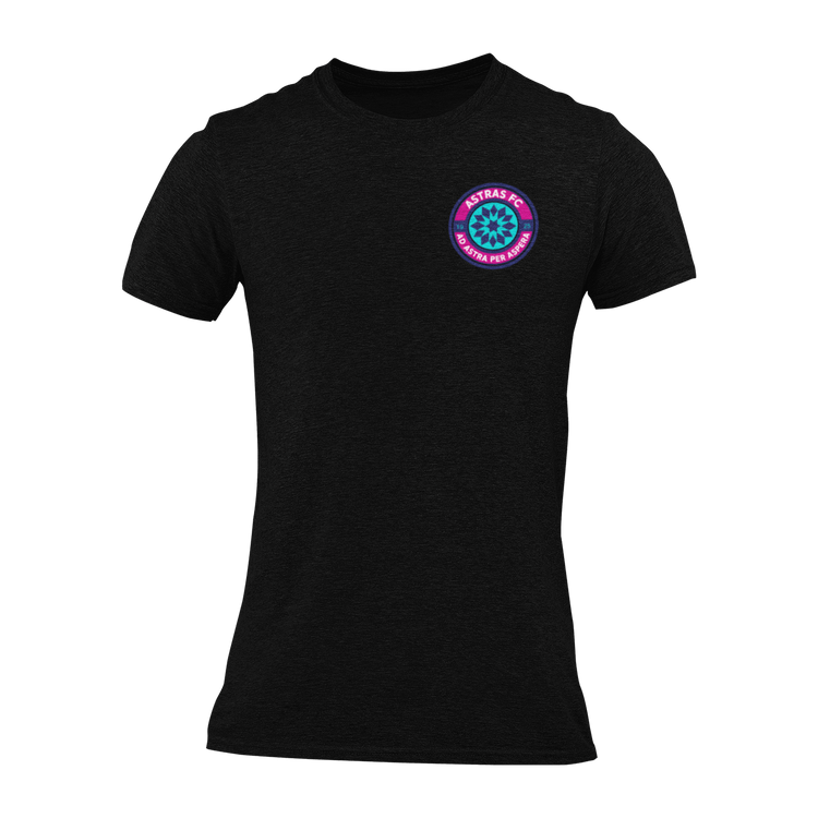 A black short-sleeve crewneck t-shirt with a circular "Astras FC" badge printed on the left chest.