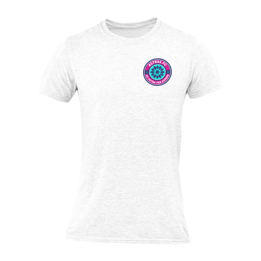 A white short-sleeve crewneck t-shirt with a circular "Astras FC" badge printed on the left chest.
