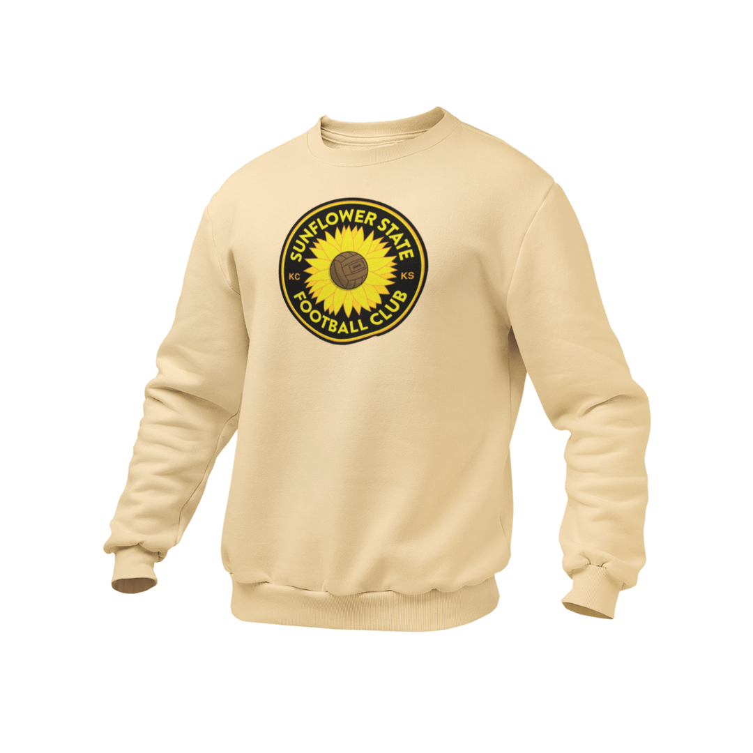 Yellow haze crewneck sweatshirt with Sunflower State FC Logo on the front
